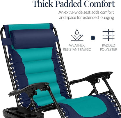 Best Choice Products Oversized Padded Zero Gravity Chair, Folding Outdoor Patio Recliner, XL Anti Gravity Lounger for Backyard w/Headrest, Cup Holder, Side Tray, Polyester Mesh - Navy/Teal