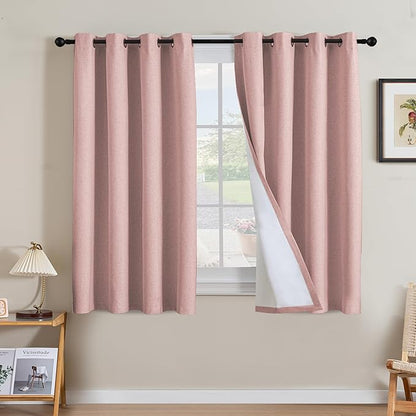 H.VERSAILTEX Linen Curtains 100% Blackout Curtains for Bedroom 54 inch Long Full Light Blocking Nature Linen Blended Window Curtains for Living Room Nickel Grommet (2 Panels, Heathered Baby Pink)