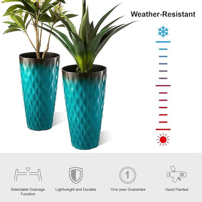 Glitzhome 23.75" H Oversized Tall Planter, Set of 2 Wavy Texture Turquoise Large Planters for Outdoor Plants, with Drainage Hole, Plastic Large Flower Pots for Porch,Garden, Patio or Indoor Use