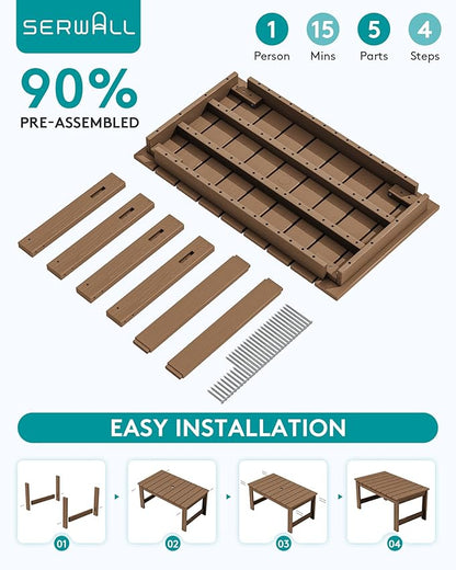 SERWALL Outdoor Coffee Table with 9FT Umbrella, HDPE Patio Coffee Table for Outside, Rectangle, Brown(Not Include Umbrella Base)