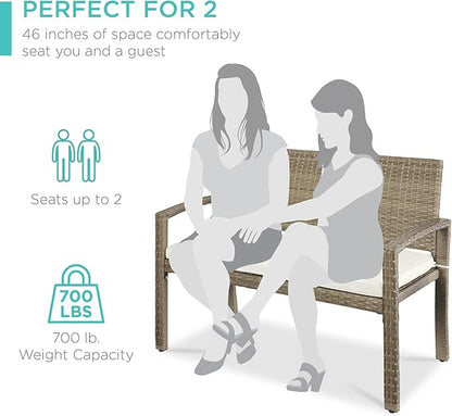 Best Choice Products Outdoor Bench 2-Person Wicker Garden Patio Benches Seating Furniture for Backyard, Porch w/Seat Cushion, 700lb Capacity - White Sand/Taupe