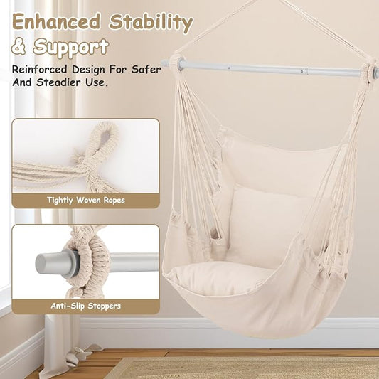 Beige Hammock Chair in Polyester-Cotton with 350 lb Max Weight