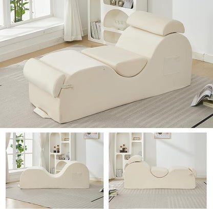 ijuicy Sleek Chaise Lounge Chair for Yoga/Exercise, Indoor Lounger with Headrest, Waist Cushion, Movable Footrest, Side Pockets, Non-Slip Bottom - High Density Sponge, Beige
