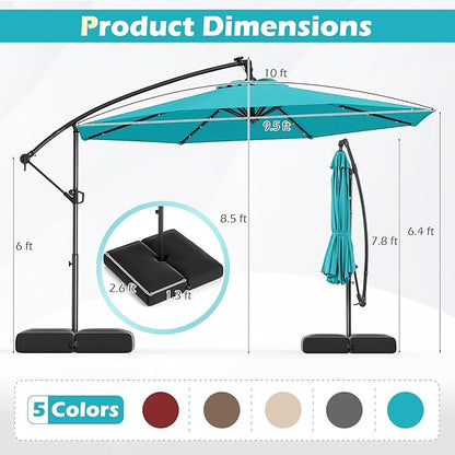 Tangkula 10ft Solar LED Patio Umbrella with Base, Offset Cantilever Outdoor Umbrella with 32 LED Lights, Infinite Tilt, 360 Degree Rotation, Crank Handle for Pool Deck Garden Backyard (Turquoise)
