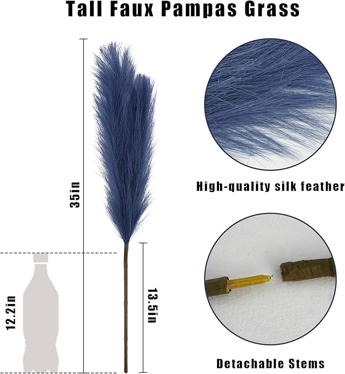 Faux Pampas Grass Stems, 8 Pack, 35 Inch Blue Silk Decor