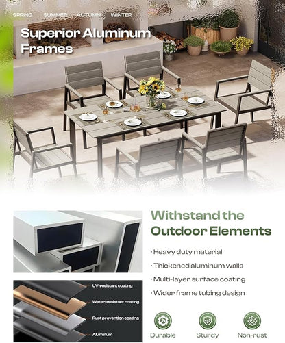 Outdoor Dining Set for 4, Aluminum Patio Table and Chairs Set with Umbrella Hole, 5 Piece HDPS Outdoor Furniture Set for Patio, Garden (Gray)