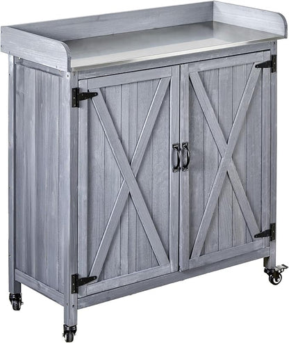 VEVOR Potting Bench Table, Outdoor Gardening Wooden Storage Cabinet with 36 x 16 in Galvanized Iron Tabletop, Garden Planting Workstation with Large Storage Space, 4 Casters for Patio, Backyard, Gray