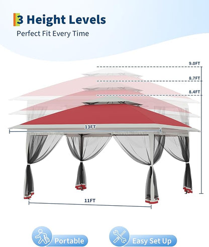 Canopy Tent 13x13 ft, Pop Up Gazebo One-Push Setup with 4 SandBags for Backyard Parties and BBQs, Mosquito Netting & Height Adjustable - Red