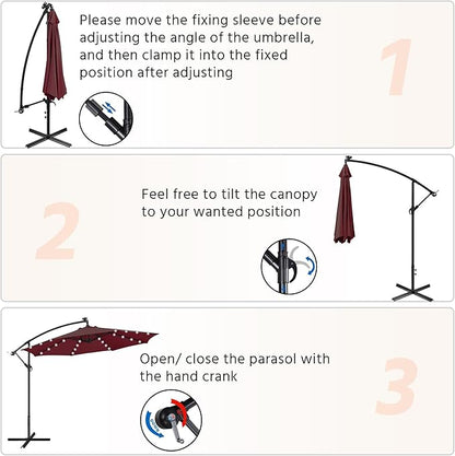 Yaheetech 10FT Solar Offset Umbrella with 32 LED Lights Cantilever Hanging Outdoor Umbrellas Handy Crank & Cross Base for Lawn/Deck/Backyard/Pool Burgundy