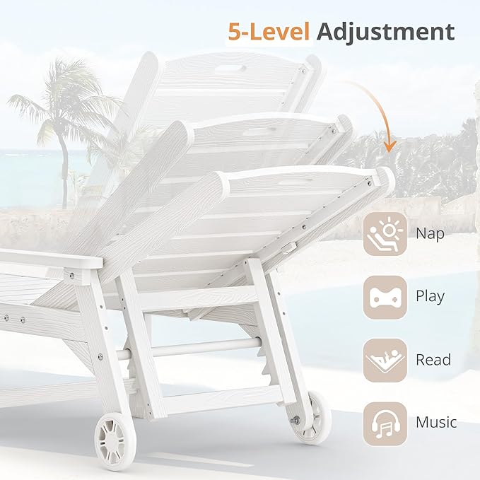 LUE BONA Outdoor Chaise Lounge Chairs Set of 2, HDPS Chaise Lounger, 5 Positions Adjustable Lounge Chairs, Pool Lounge Chair with Wheels for Poolside, 3 Year Warranty, White