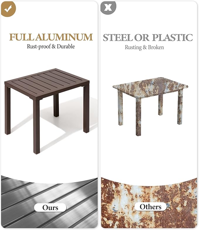 Crestlive Products Outdoor Side Table Set of 2, Aluminum Small Rectangular Weather Resistant Coffee End Tables for Patio Balcony Pool Deck (Brown)