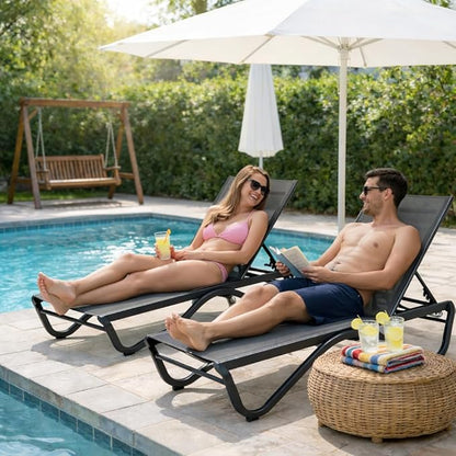 Kozyard Outdoor Chaise Lounge Chair, Full Flat Adjustable Patio Lounger with Aluminum Frame & Resin Legs, Textilene Fabric for Poolside, Backyard & Beach (Gray, 2Chairs)