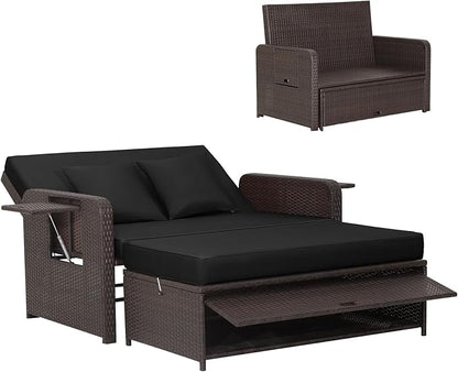 HAPPYGRILL Patio Rattan Wicker Daybed with Loveseat & Storage Ottoman, Outdoor Lounge Sofa Furniture Set with Adjustable Backrest & Side Trays, for Poolside Deck Porch Lawn (Mix Brown & Black)
