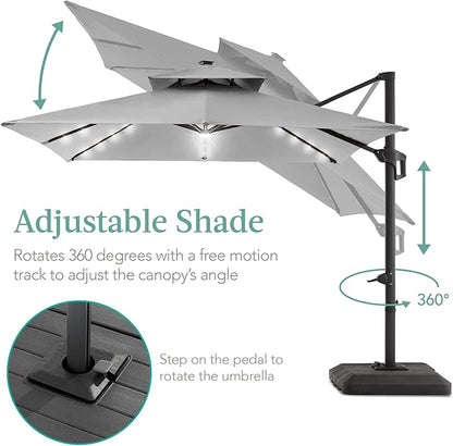 Best Choice Products 10x10ft Cantilever Patio Umbrella w/Base Included, Solar LED Lights 360 Rotation Large Offset Hanging Outdoor Shade for Deck Pool Backyard w/Stand – Fog Gray