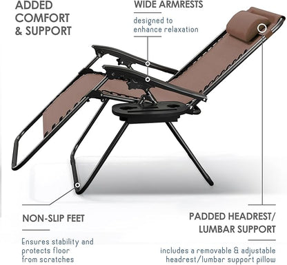 Nestl Zero Gravity Chairs Set of 2, Patio Lounge Chair Outdoor with Pillows & Cup Holder Trays, Adjustable Steel Mesh Reclining Camping Chair, Folding Patio Lawn Chair for Deck, Beach, Yard - Brown