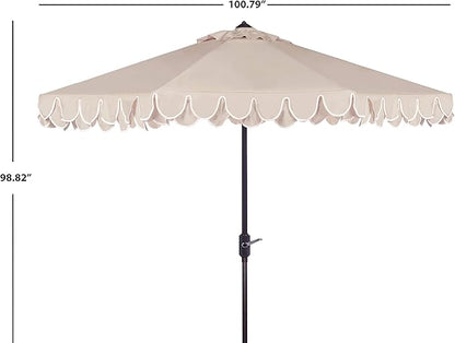 SAFAVIEH 9ft Outdoor Patio Umbrella, Round, Valance, Beige & White Trim, Auto Crank Tilt, UV Resistant for Deck, Backyard, Poolside (PAT8006C)