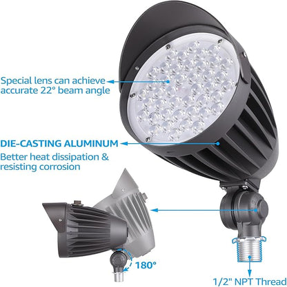LEONLITE 20W/30W/40W 3CCT LED Bullet Flood Light, 4880LM 3000K/4000K/5000K, Dusk to Dawn 22°Focused Flag Pole Light with Knuckle Mount, Weatherproof, 100-277V Commercial Landscape Lights, ETL Listed