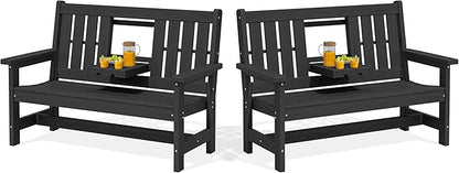 SERWALL Outdoor Bench with Cup Holder, 58" HDPE Garden Park Bench Suitable for 3 Person, All Weather Patio Benches with High Backrest and Wide Armrests for Garden, Park, Yard, Front Porch, Black
