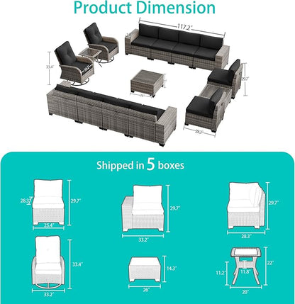 15-Piece Outdoor Patio Furniture Set with Rocking Swivel Chair Wicker Sectional Sofa Set, Patio Conversation Set with Thickened Cushions & Coffee Table for Garden, Backyard, Dark Grey