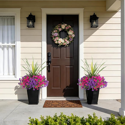 Artificial Flowers for Outdoors Fake Plants Outside, 12 Bundles Silk Morning Glory with Eucalyptus + Orchid Leaf UV Resistant Realistic Faux Flowers for Porch Planter Garden Patio (Purple Fuchsia)