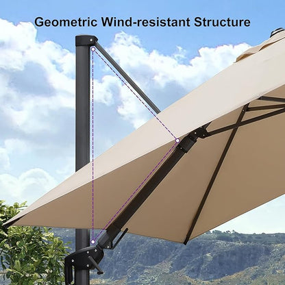 PURPLE LEAF 8.8' X 8.8' Right-left Tilt Patio Umbrella with Base Outdoor Cantilever Swivel Square Umbrella with Tilt Aluminum Offset Umbrella with 360-degree Rotation for Garden Deck Pool Patio Beige