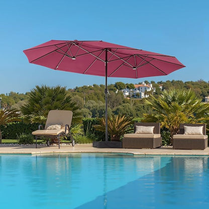 DUMOS 15FT Large Patio Umbrella with Base Included, Heavy Duty Extra Wide Outside Umbrella with 12 Ribbed Bars, Rectangle Outdoor Table Umbrella for Patio, Backyard, Pool, Deck & Garden, Red