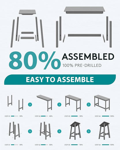 SERWALL 3-Piece Outdoor Bar Set, Rectangular All Weather HDPE Bar Height Patio Set, Outdoor High Top Table and Stools for for Outside, Poolside, Backyard, Garden, Grey