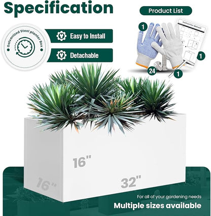 White Steel Planter Rectangular Outdoor Indoor Planter Box Galvanized Steel Metal 32" L x 16" W x 16" H Large Planters Flower Pot Modern Commercial Residential for Trees Patio Yard Garden