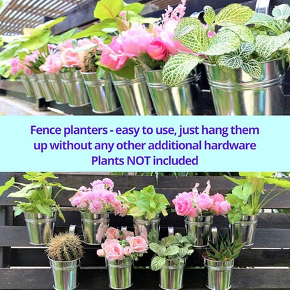 LaLaGreen Fence Planters for Outdoor Plants (10 Pack, 4 Inch) Balcony Planter Railing Hanging, Small Silver Metal Flower Pot Rail Wall Cute Farmhouse Garden Rustic Deck Porch Window Box Bucket Decor