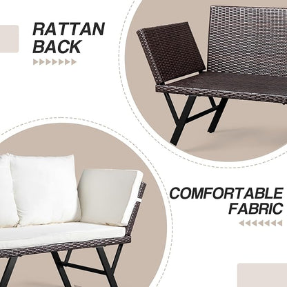 Outvita Outdoor Convertible Couch Sofa Bed, Woven Rattan Patio Furniture Daybed w/Adjustable Armrests, Removable Cushions and Pillows for Porch Pool Balcony