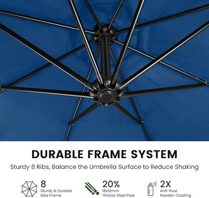 OLILAWN 10ft Patio Umbrella with Base Included, Outdoor Offset Cantilever Umbrella Upgraded Yarn-dyed Fabric Shade, Sturdy 8 Rids,360 Degree Rotation & Easy Tilt Adjustment, for Pool Deck Porch Backyard Garden,Sapphire