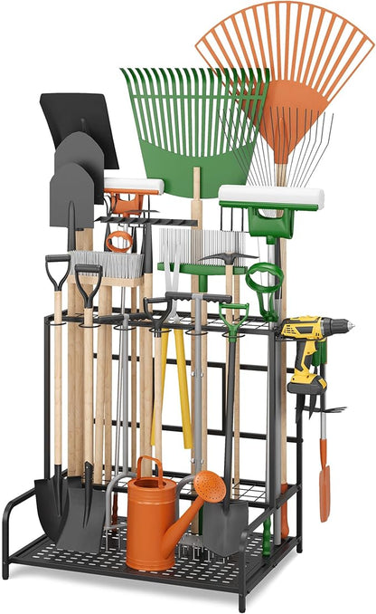 Garden Tool Organizer Rack Up to 39 Tools, Heavy-Duty Steel Yard Tool Organizer for Garage Storage with 12 Hooks, Broom Holder & Garden Tool Rack for Shed, Patio, Outdoor Storage, Black