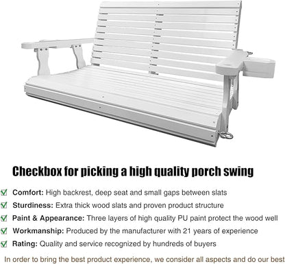 Wooden Porch Swing 2-Seater, Bench Swing with Cupholders, Hanging Chains and 7mm Springs, Heavy Duty 800 LBS, for Outdoor Patio Garden, Pure White, 4 FT Extra Large
