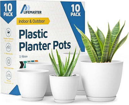 Lifemaster Eco Friendly Plant Pot Set - 10-Pack Home Decor Flower Indoor and Outdoor Plastic Pots with Drainage Holes, Assorted Sizes (7", 6.6", 6", 5.3", 4.8") - Stackable Garden Versatile Planters
