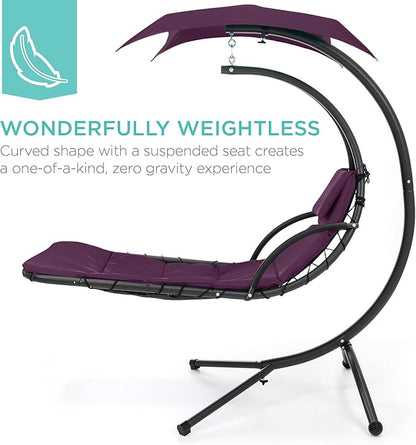 Best Choice Products Outdoor Hanging Curved Steel Chaise Lounge Chair Swing w/Built-in Pillow and Removable Canopy - Purple