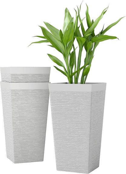 Outsunny 22.8 Inch Tall Planters for Outdoor Plants, Set of 3 Plastic Flower Pots with Stone Finish and Wheels, Stackable Tapered Planters with Drainage Hole for Indoor Plants, Front Porch, White