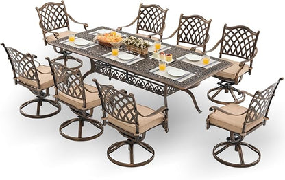 9-Piece Cast Aluminum Patio Furniture, Outdoor Dining Sets for 8 Include 87" Rectangular Patio Dining Table and 8 Swivel Chairs with Cushions & Umbrella Hole(Bronze)