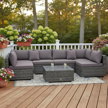 Tangkula 7 Pieces Wicker Patio Furniture Set, All-Weather Outdoor Rattan Sectional Sofa Set with Cushions & Tempered Glass Coffee Table, Outside Sofa Set for Garden, Lawn, Deck, Backyard (Grey)