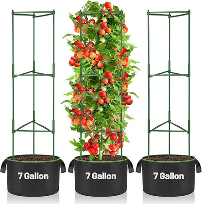 ANPHSIN 3 Sets Tomato Cages with 7 gal Grow Bags - 47'' Stable Plant Garden Planters, Flexible Vegetable Trellis for Balcony Deck Yard Tomatoes Peppers Eggplants Flowers