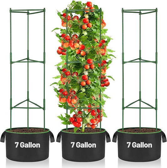 ANPHSIN 3 Sets Tomato Cages with 7 gal Grow Bags - 47'' Stable Plant Garden Planters, Flexible Vegetable Trellis for Balcony Deck Yard Tomatoes Peppers Eggplants Flowers