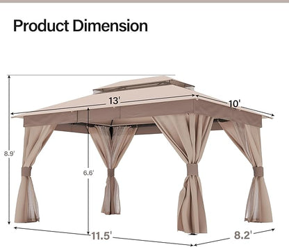 LAUSAINT HOME Semi-Permanent Outdoor Patio Gazebo 10'x13', Heavy Duty Party Tent Shelter with Double Roofs, Mosquito Nettings and Privacy Screens for Backyard, Garden, Lawn, Khaki