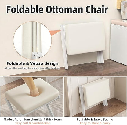 Foldable Foot Stool Ottoman, Modern Foot Rest with Bamboo X Legs & Thick Foam Cushion, Folding Foot Stools Small Padded for Bedroom Living Room, Footstool for Chair Couch (White - White)