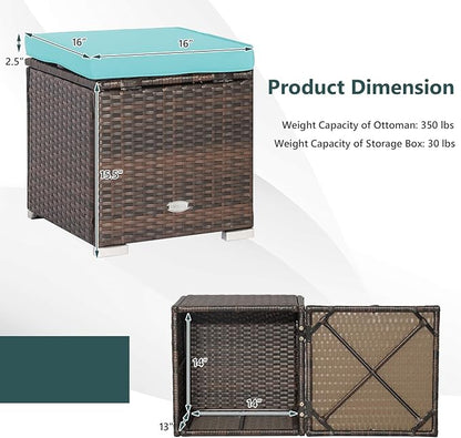 Tangkula 2 Pieces Patio Ottomans, Patiojoy Hand-Woven PE Rattan Side Table with Removable Cushion & Hidden Storage Space, Multifunctional Storage Box, Seat for Patio, Backyard, Poolside (Turquoise)