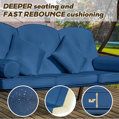 3 in 1 Outdoor Porch Swing with Adjustable Canopy, 3 Seat Outdoor Swing for Adults, Patio Swing Chair with Thickened Cushions,Pillows & Cup Holders for Backyard, Porch, Garden (Blue)