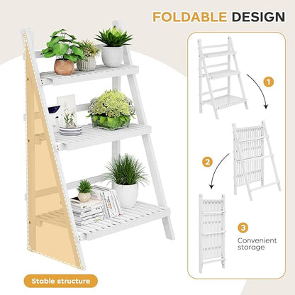 Bamboo Bookshelf 3-Tier Ladder Shelf, 39.4” Freestanding Open Bookcase Book Shelf Bathroom Storage Shelf Unit Plant Stand for Small Space, Living Room, Bedroom, Home Office, White