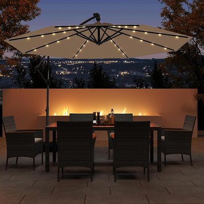 Tangkula 10ft Solar LED Patio Umbrella with Base, Offset Cantilever Outdoor Umbrella with 32 LED Lights, Infinite Tilt, 360 Degree Rotation, Crank Handle for Pool Deck Garden Backyard (Tan)