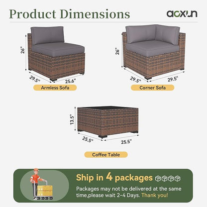 Aoxun 14 Piece Patio Furniture Set Wicker Rattan Patio Conversation Set Outdoor Sectional Sofa Set with Coffee Table and Thickened Cushions, Gray(Waterproof Cover Included)