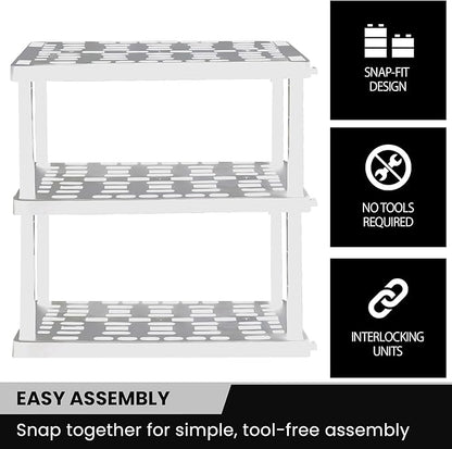 Oskar Heavy Duty Plastic Storage Shelves- for Garage, Kitchen, Bathroom Basement Kids Room, Stackable 3-Tier White, Organizer Rack for Books Shoes, Toys, Pantry, Cleaning and Closet Organization