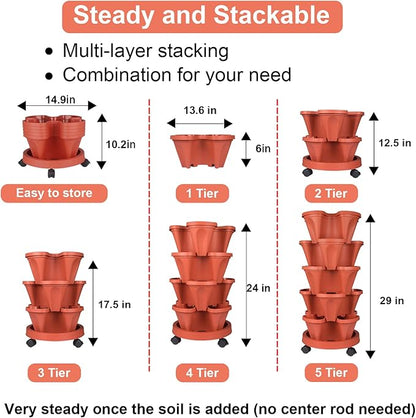 GameXcel Vertical Planter 5 Tier Stackable Planters Garden Planters Strawberry Herb Flower and Vegetable Planter Indoor Outdoor Gardening Pots with Removable Wheels and Tools