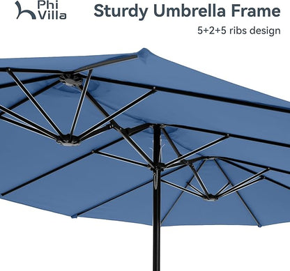PHI VILLA 15ft Large Patio Umbrellas with Base, Outdoor Double-Sided Rectangle Market Umbrella for Pool Lawn Garden, Haze Blue